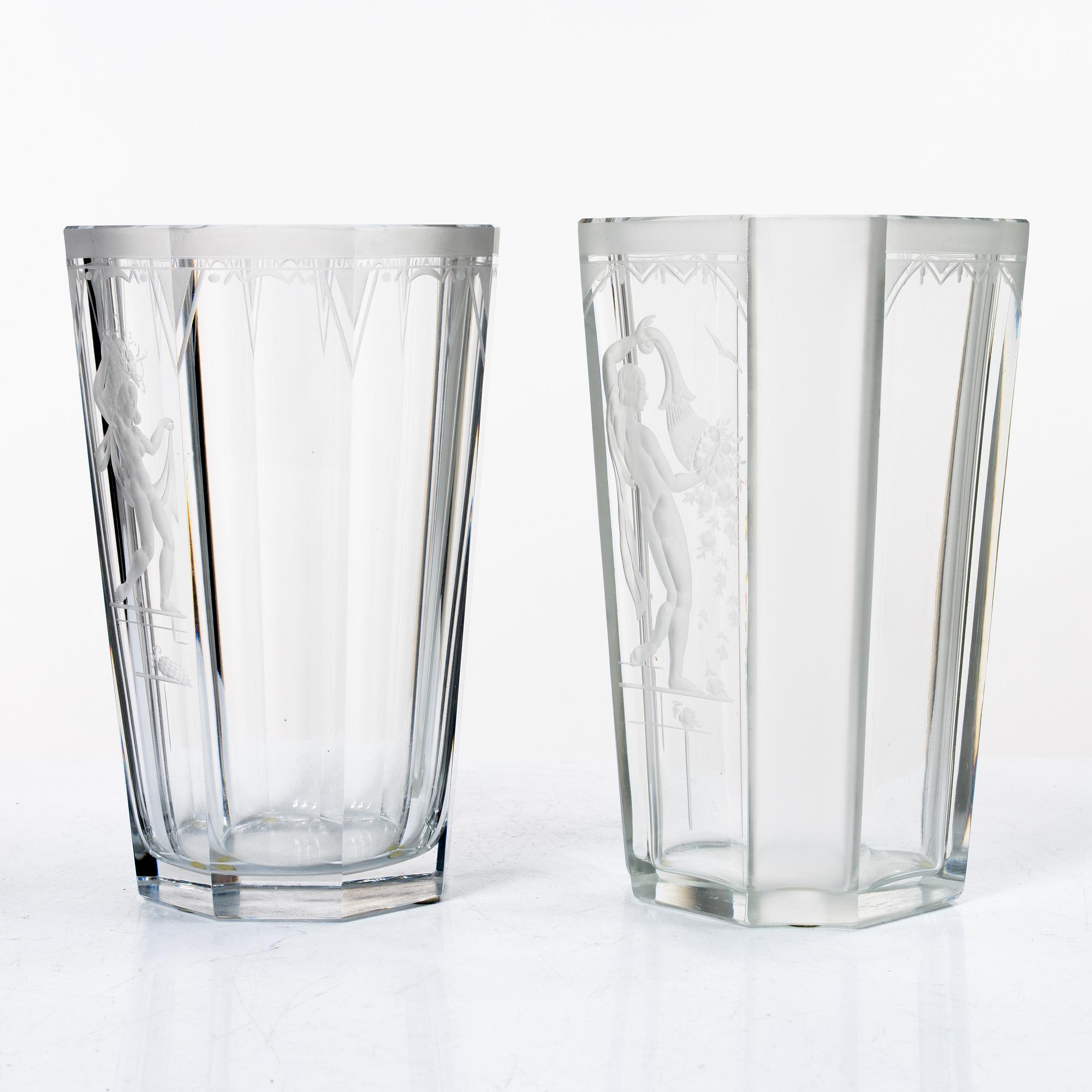Emil Weidlich, vaser, 2 st, Elme glasbruk, 1930-tal.