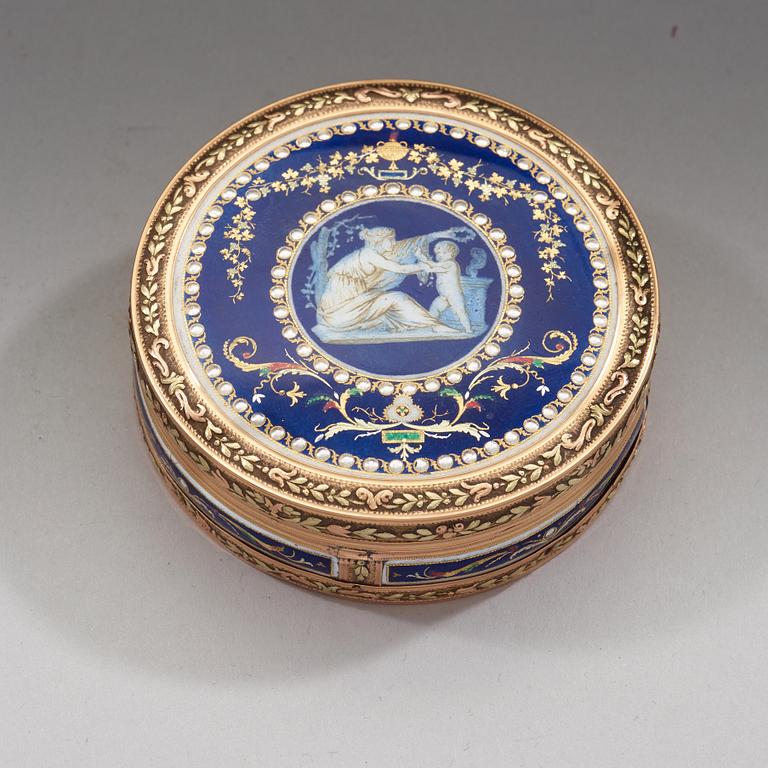 A Swiss late 18th century gold and enameld snuff-box, unidentified makers mark.