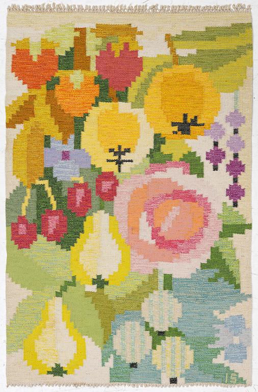 Ingegerd Silow, a flat weave rug, 'Fruktträdgården', signed IS, c. 125 x 82 cm.