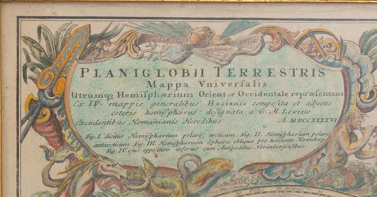 Map of the world, hand colored engraving, Homann Heirs, Nürnberg 1746.