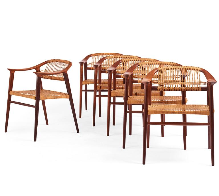 Adolf Relling & Sigurd Resell, a set of 6 "55 Bambi" chairs, Gustav Bahus eft. for Rastad & Relling, Norway 1950-60s.