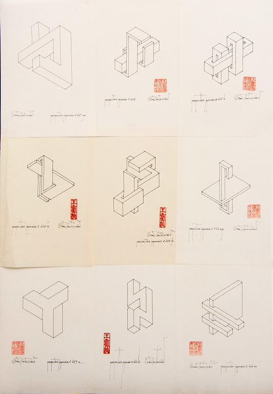 Oscar Reutersvärd, ink drawings 9 sheets, signed, no 19.