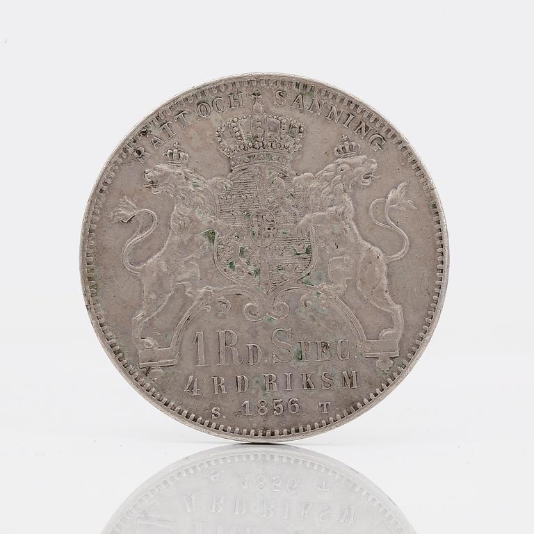 SILVERMYNT, 1 riksdaler, Oscar I, 1856. Ca 35 gram.