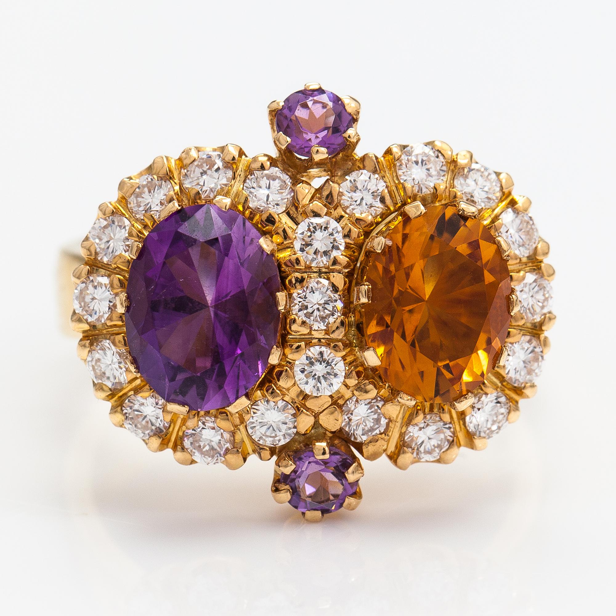 Ring "Sofia Albertina", 18K guld, citrin, ametister, diamanter ca 0.72 ct tot. Ofelia Jewelry, Helsingfors 1998.