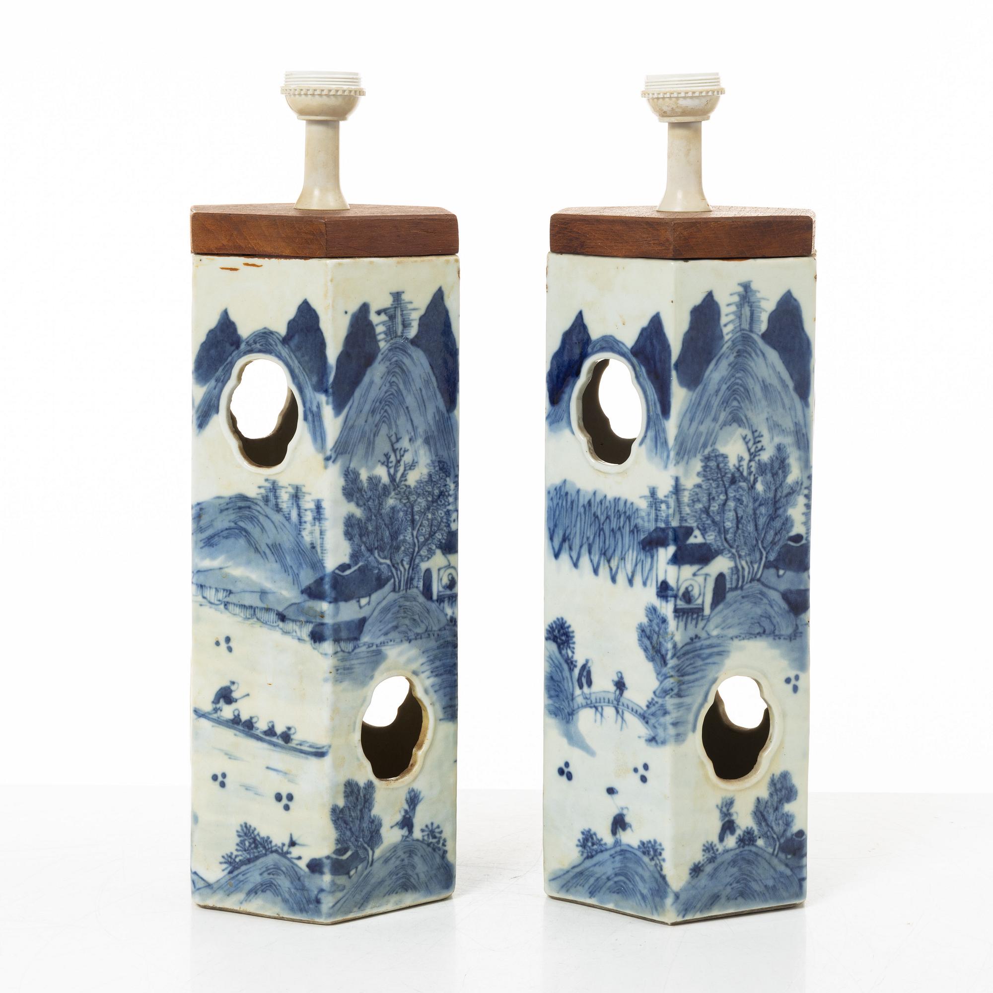 A pair of blue and white lanterns/table lamps, China, circa 1900.