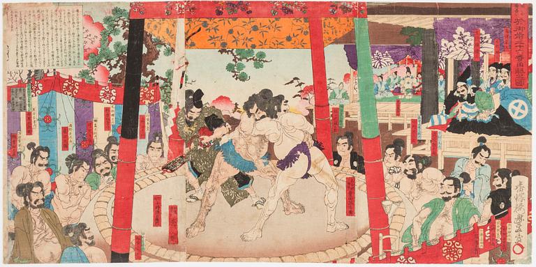UTAGAWA TOYONOBU (1859-1896), triptych, colour woodblock print. Japan, 1884, 'Sumo performed before Hideyoshi'.