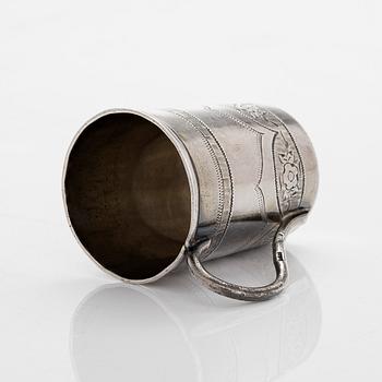 Five silver beakers, maker's mark of  P.J. Silventoinen, and a box, cup and letter opener, Russia, France and Finland.
