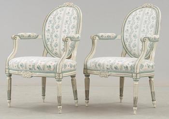 SOFFA, SAMT KARMSTOLAR, ett par. Louis XVI-stil, 1800-tal.
