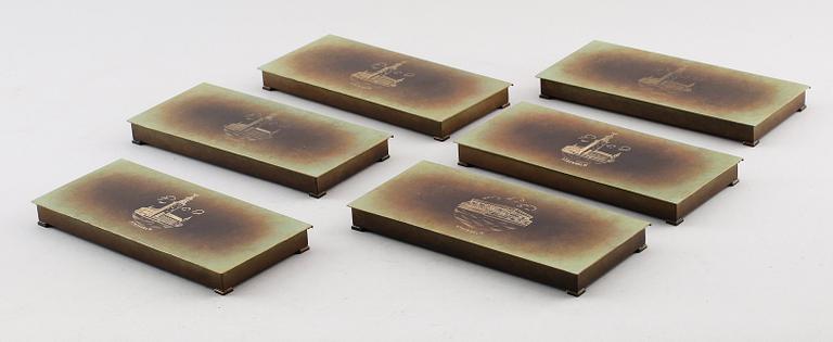 CIGARETTSKRIN, 6 st, patinerad brons, Ystad Brons, 1900-talets mitt.