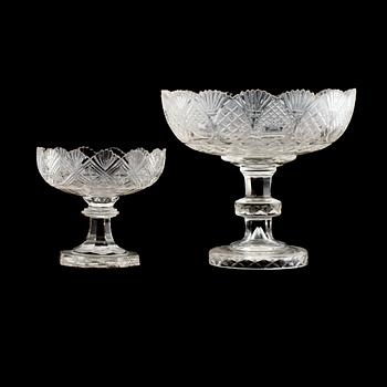 SKÅLAR PÅ FOT, 2 st, glas/kristall, omkring år 1900.