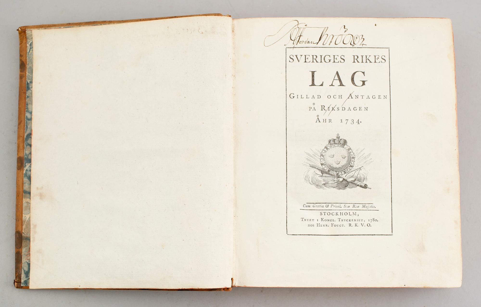 BOK: Sveriges Rikes Lag, tryckt hos Kongl Tryckeriet 1780 hos Henr Fougt.