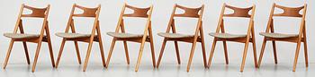 HANS J WEGNER, stolar, 6 st "Savbukkestolen", Carl Hansen & Son, Odense, Danmark 1950-60-tal.
