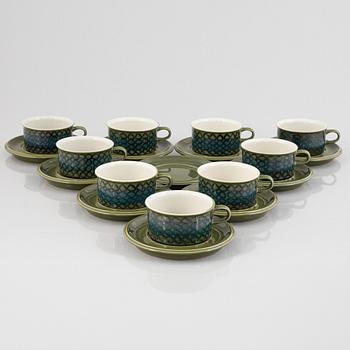 Hilkka-Liisa Ahola, tea pots with saucers, 9 pcs, stoneware, Arabia, 1960s.