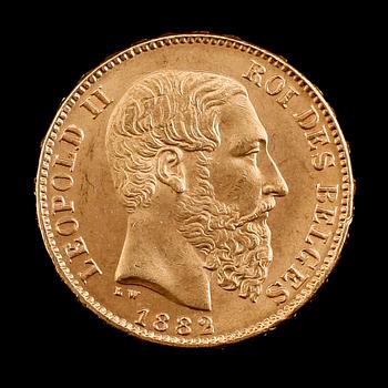 GULDMYNT, 20 franc, Leopold II, Belgien, 1882. Vikt ca 6 gram.