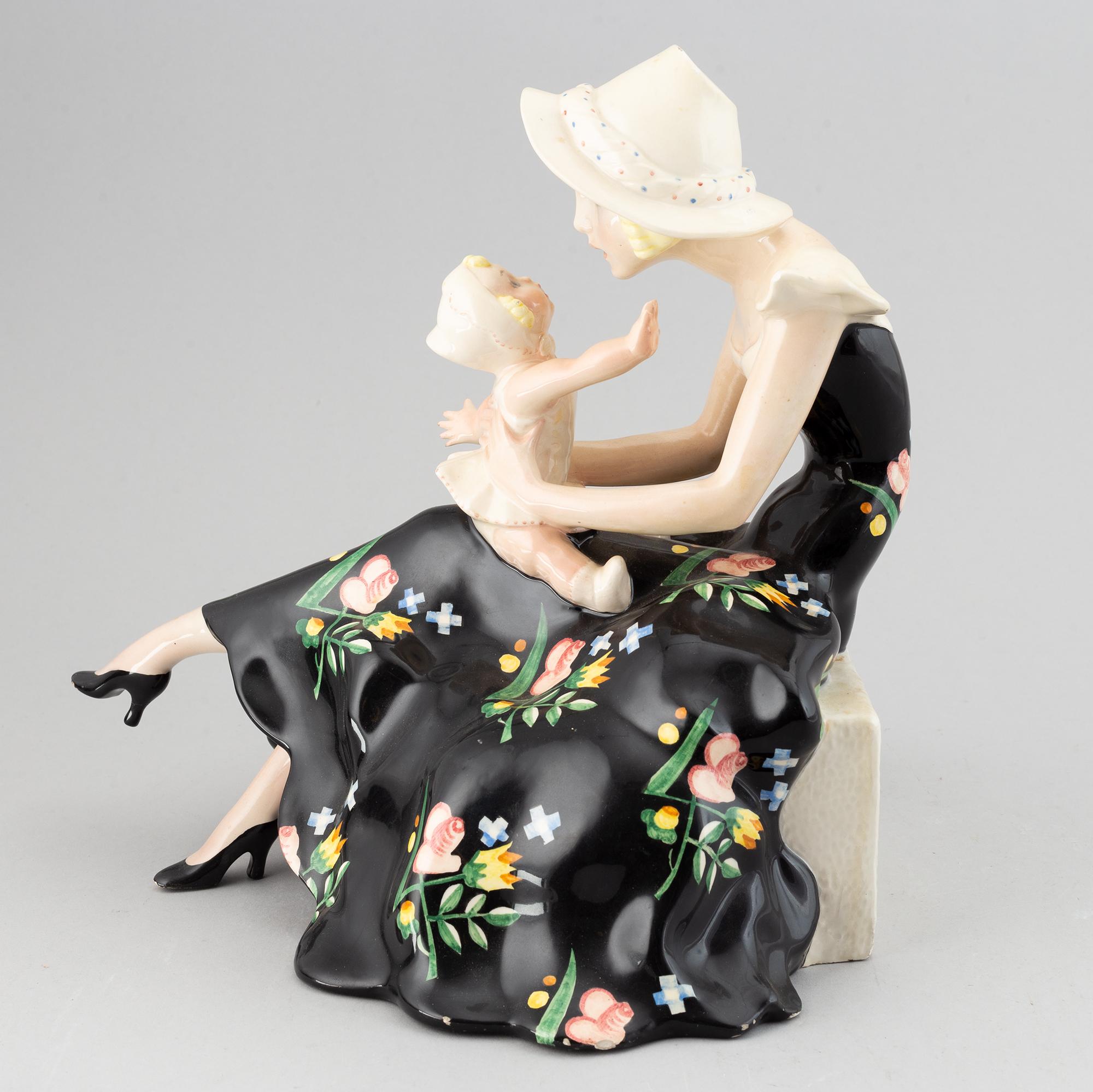 Sandro Vacchetti, a glazed ceramic female figure with child, Essevi, Torino, Italy 1930-40's.