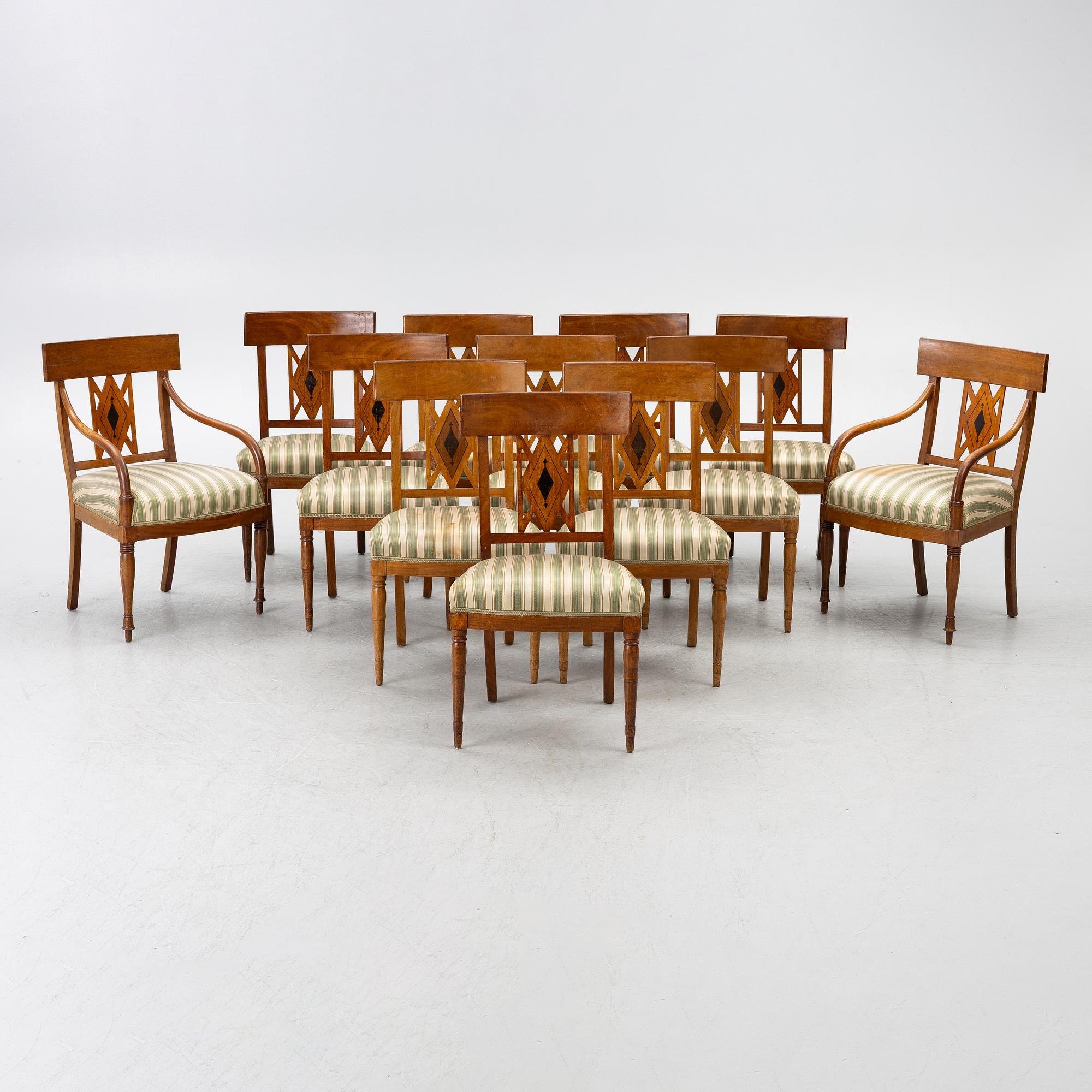 Chairs, 10 + 2 pcs, Empire. 19th century.