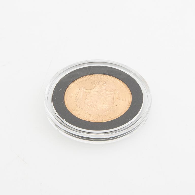 Guldmynt Sverige, Oscar II 20 kr, 1874, felpräglat.