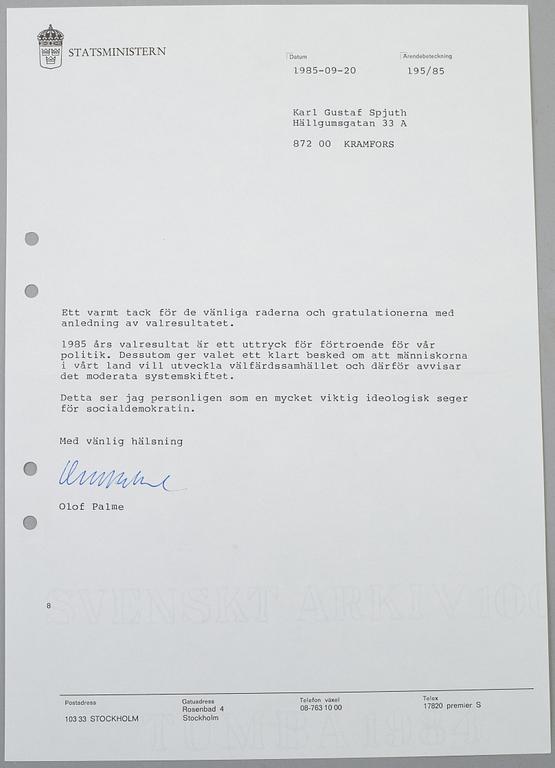 OLOF PALME. 18 hand signed letters dated September 1982-February 1986.