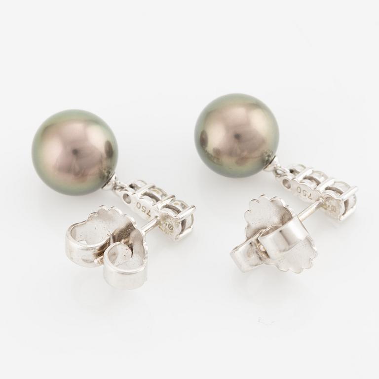 Earrings, a pair, 18K white gold with cultured Tahitian pearls and brilliant-cut diamonds.