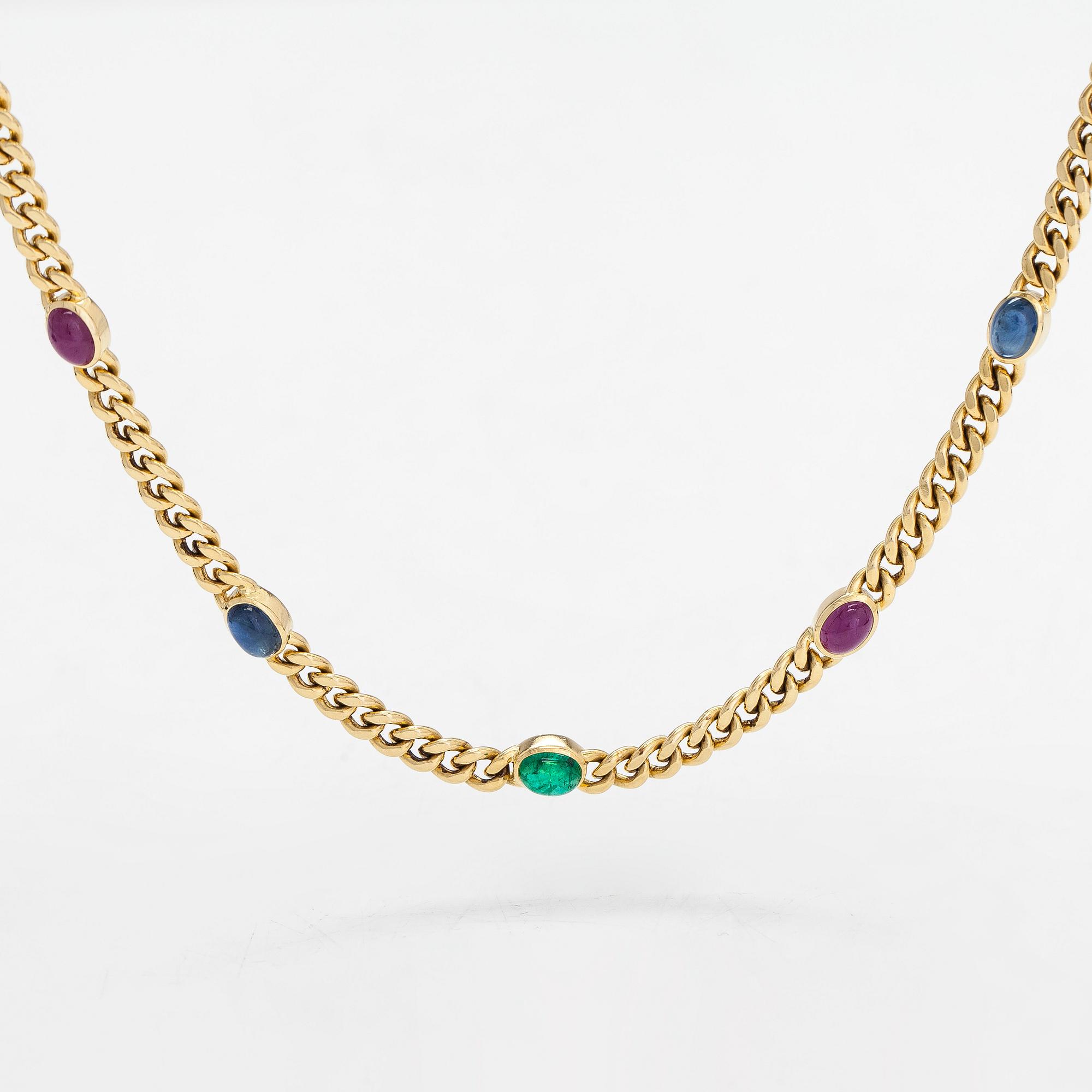Halsband, pansarlänk, 18K guld med cabochonslipade rubiner, safirer och smaragd.