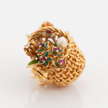 A WA Bolin basket brooch 18K gold and enamel, design Barbro Littmarck.