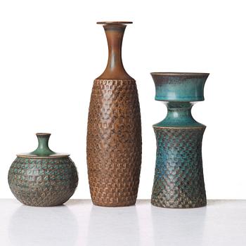 Stig Lindberg, a set of three stoneware vases, Gustavsberg studio, Sweden 1962.