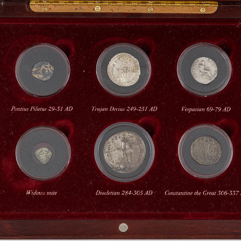 'Coins from early christianity', a set of six antique coins in case.