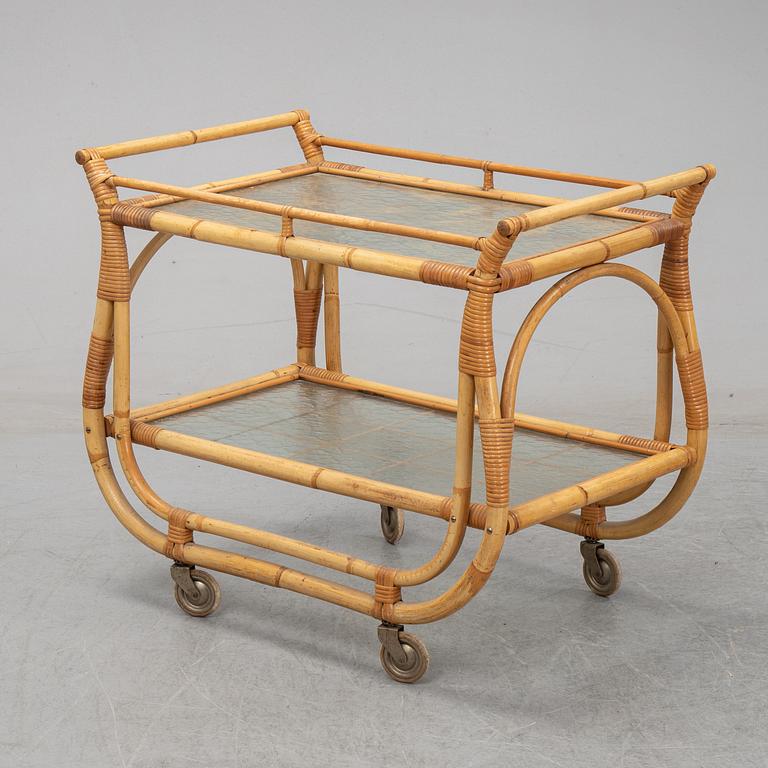 A bamboo and rattan drinks trolley, mid 20th Century.