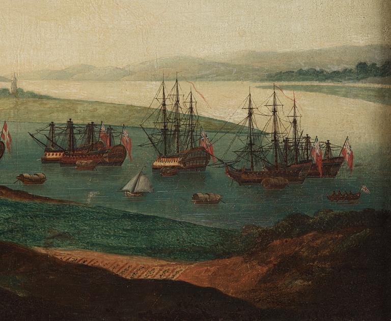 A China Trade oil painting of Whampoa Anchorage by an unknown artist, Qing dynasty, circa 1800.