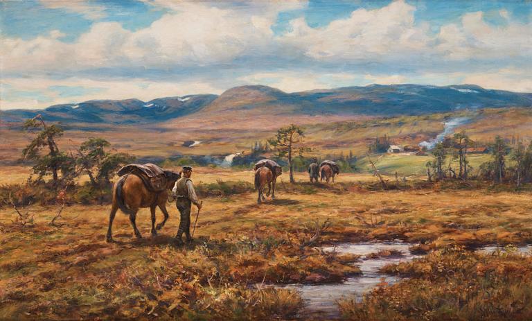 Johan Tirén, Mountain landscape with horses and farm.