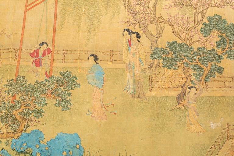 A Chinese hanging scroll, ink and colour on silk, 20th century.