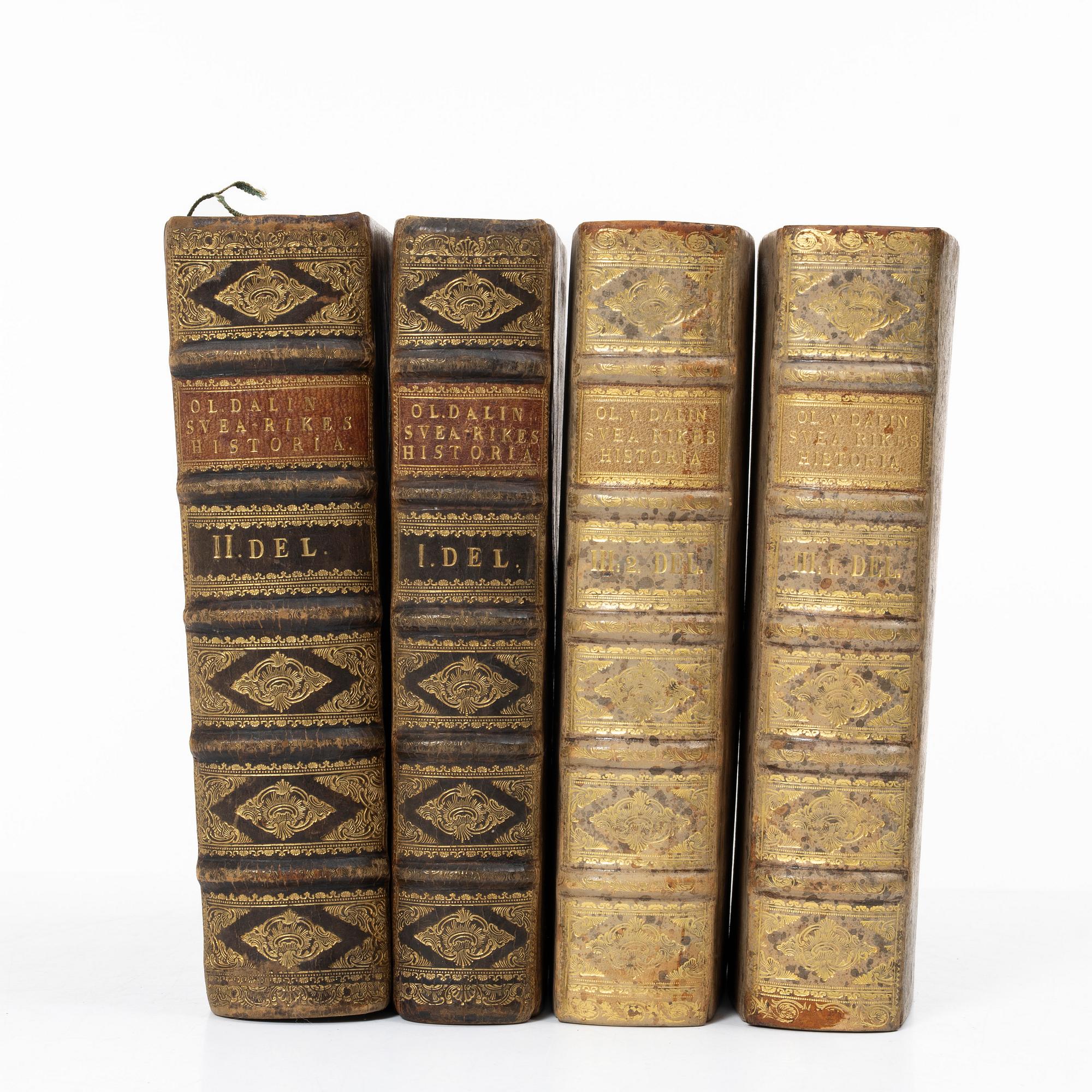 Books, four volumes,'Svea Rikes Historia', Olof Dalin, Lars Salvius, Stockholm, 1747-62.