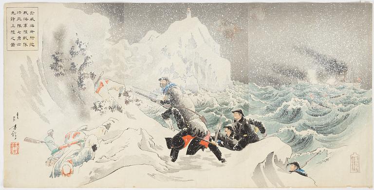 Toshikata Mizuno, a woodblock print triptych in colours, late 19th Century.