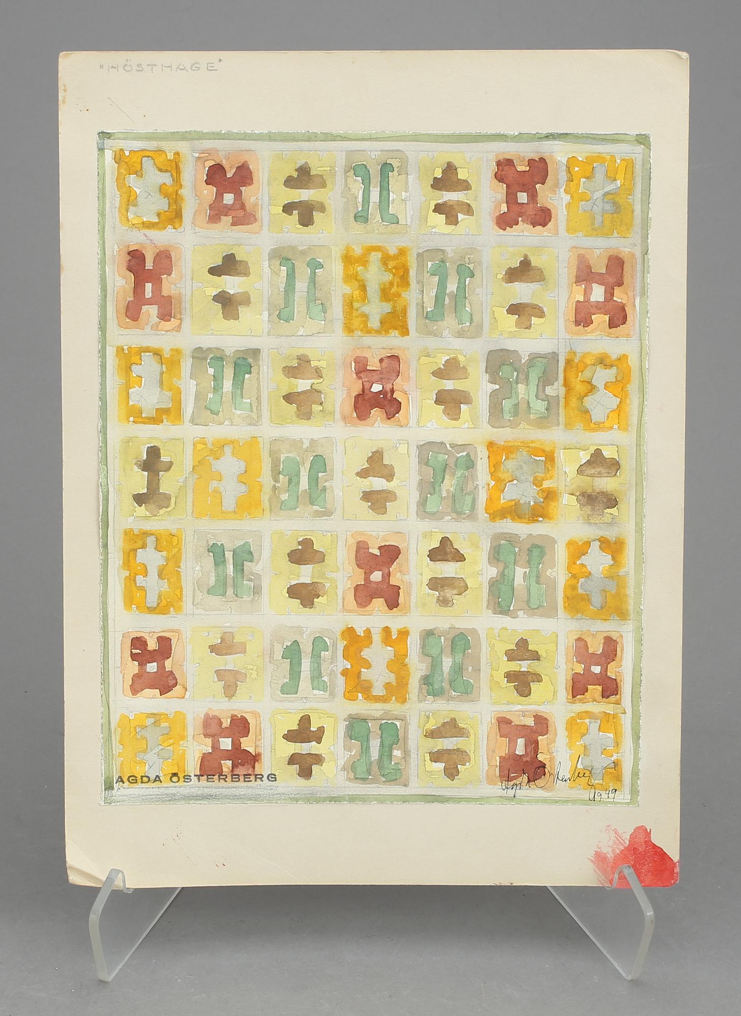 CARPET SKETCHES, 4 sheets. Watercolour and graphite. Three by Agda Österberg and one by Astrid Nyström.