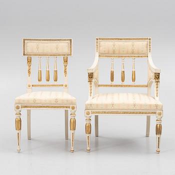 A pair of chairs and an armchair, late Gustavian style, early 20th century.