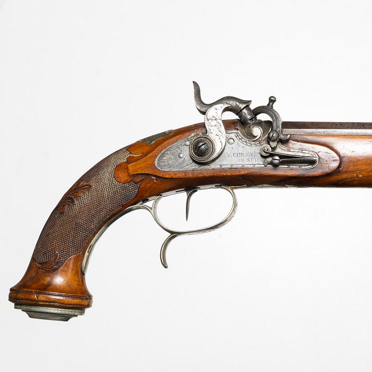 A pair of percussion pistols, Germany, Signed V Chr Schilling in Suhl (Valentin Christoph S. active from 1849).