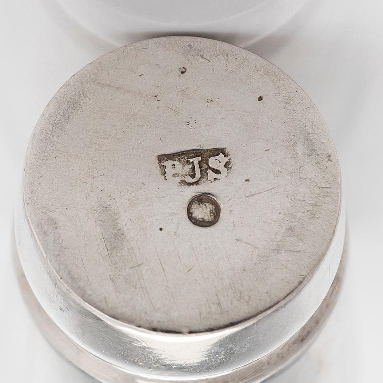 Five silver beakers, maker's mark of  P.J. Silventoinen, and a box, cup and letter opener, Russia, France and Finland.