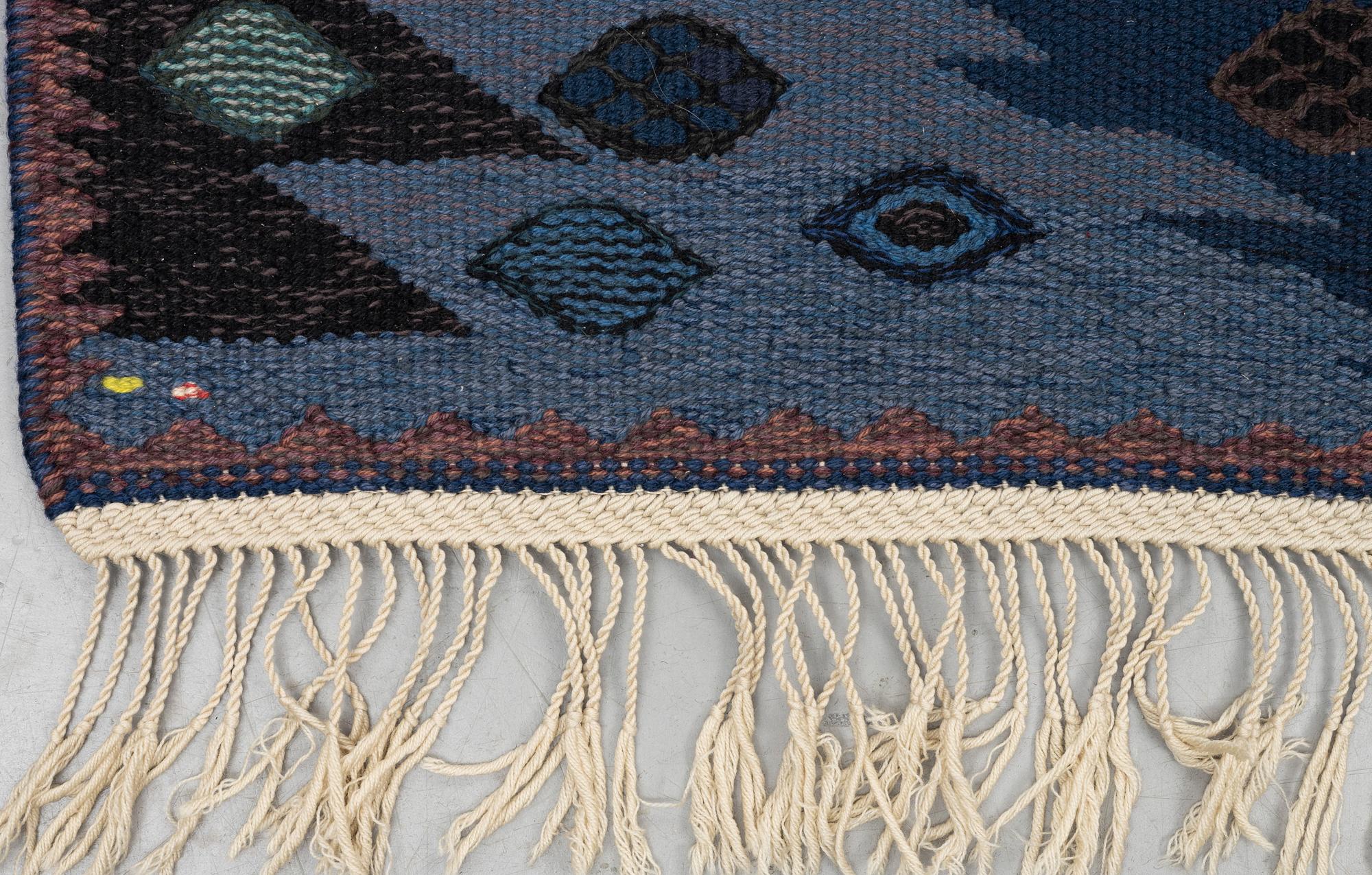 Barbro Nilsson, a carpet, "Tånga blå", flat weave, ca 243,5 x 173 cm, signed AB MMF BN.