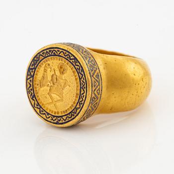 A modern Byzantine-style gold and enamel signet ring.