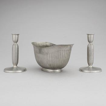 One pewter bowl and a pair of candleholders by Just Andersen, Denmark.