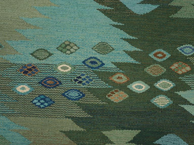 Barbro Nilsson, Matto, "Tånga grön", flat weave, ca 234 x 169-171 cm, signed AB MMF BN.