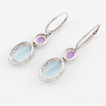 Aquamarine, pink sapphire and brilliant-cut diamond earrings.