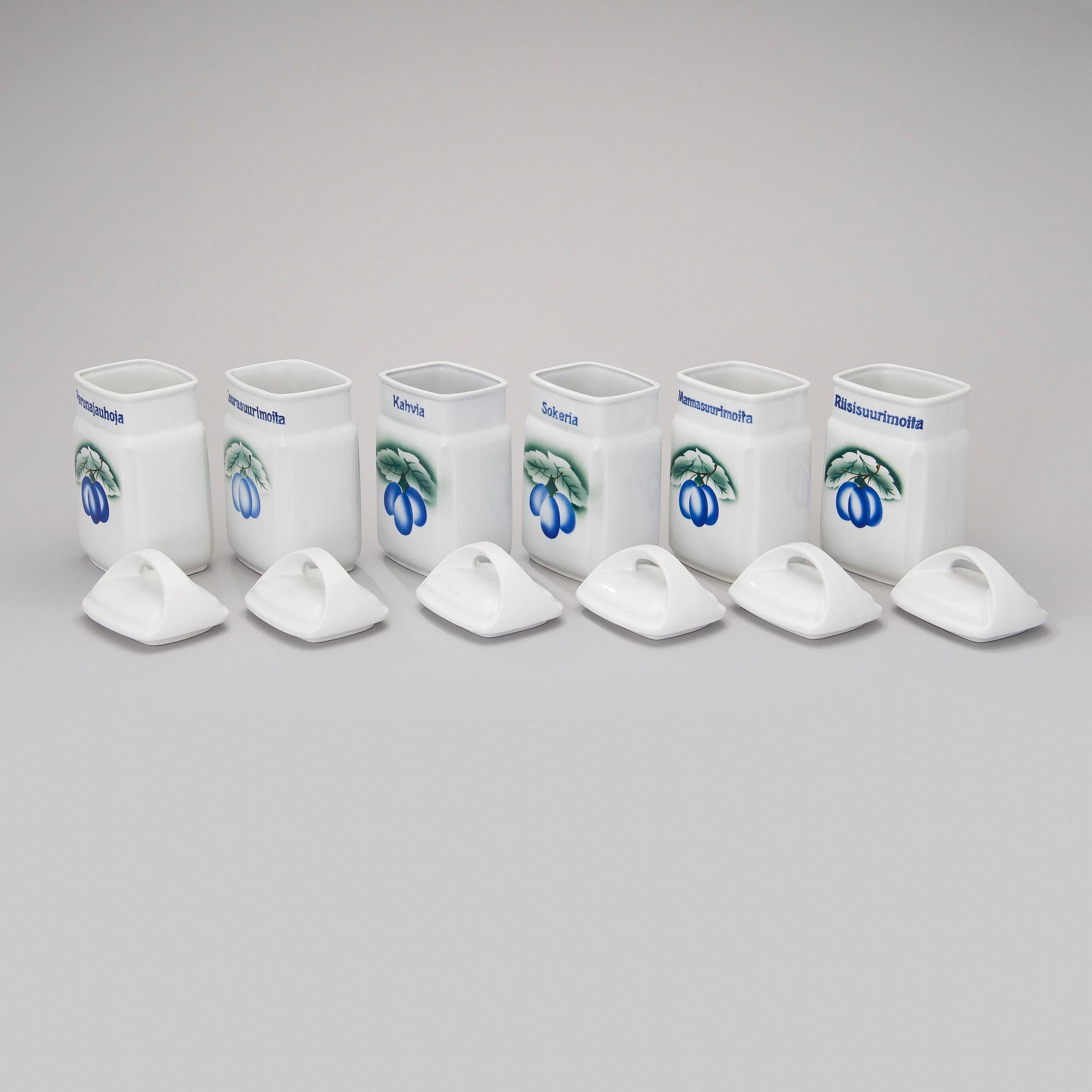 KRYDDBURKAR, 8 st, 1930-1940-tal och SKÄRBRÄDE, jubileumsår 1998, flintgods, Arabia Finland.