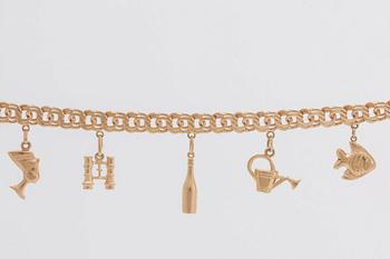 ARMBAND, 18K guld bismarcklänk med 5  berlocker, 21,7 g, Esto AB Guldvarufirman Stockholm 1963.