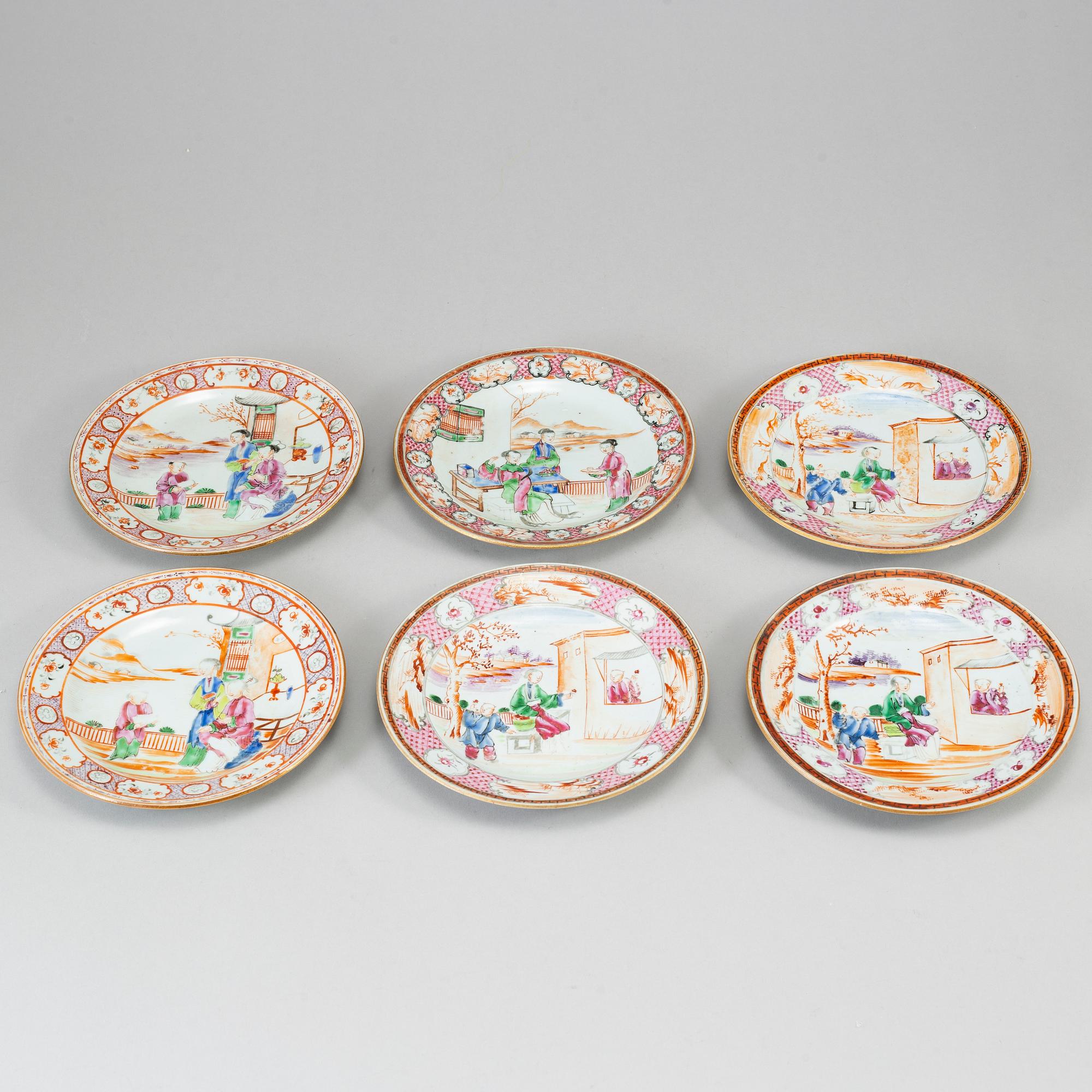 ASSIETTER, sex stycken, kompaniporslin. Qingdynastin, Qianlong (1736-95).