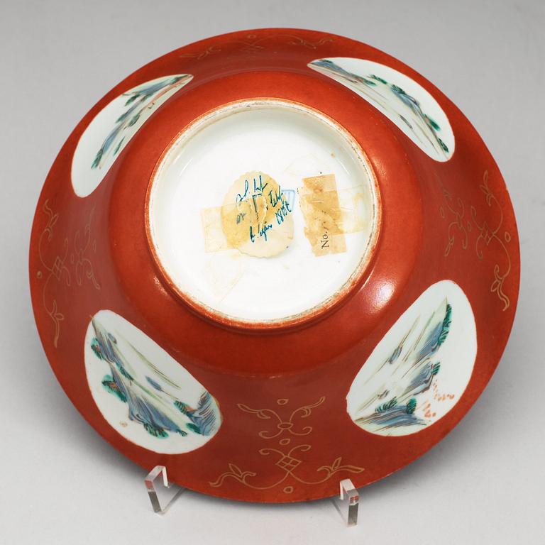 A coral red and enamelled bowl, late Qing dynasty, with Qianlong seal mark.