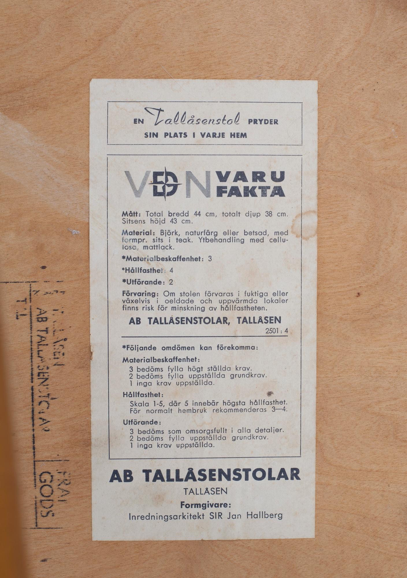 STOLAR, 4 st. "Tallåsenstolen", design Jan Hallberg, AB Tallåsen, 1960-tal.