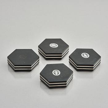 Guldsmedsaktiebolaget (GAB), four silver and bakelite salt-cellars, design by Eric Pihlgren, Stockholm, Sweden 1938.