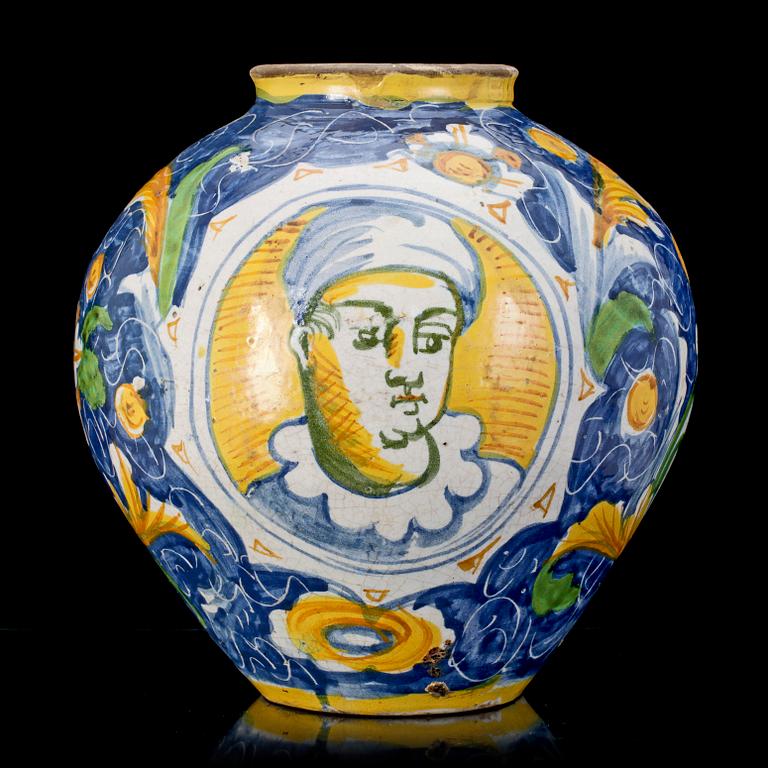 An Italian majolica albarello, presumably Urbino, 17/18th Century.