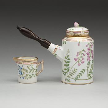A Royal Copenhagen 'Flora Danica' coffee pot with cover and a creamer, Denmark, 20th Century.